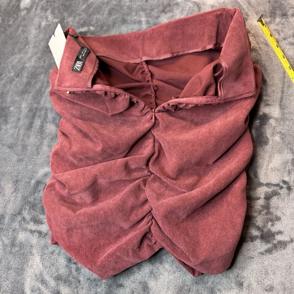 Zara Sz S Mini Skirt Ruched Corduroy Medium Burgundy Red Draped Ruffle Career - Picture 6 of 9